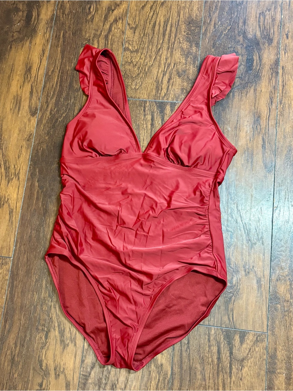 Kona Sol Women’s One-Piece Red Swimsuit with Ruffle Straps Size Large